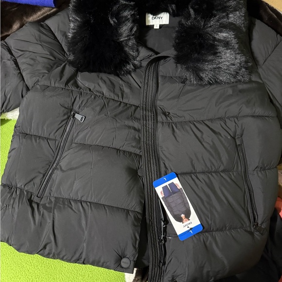 DKNY Charcoal Puffer Jacket with Plush Fur Trim - Picture 3 of 5